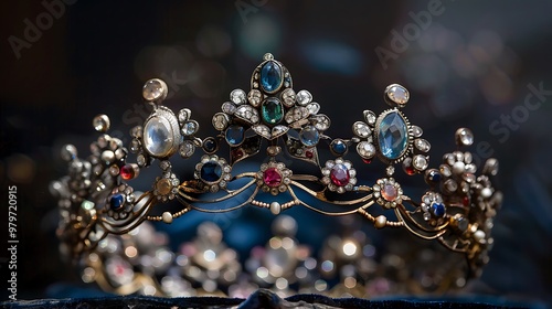 A ring of precious stones and blue velvet decorated an ivory crown