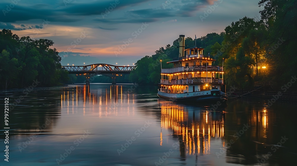 Obraz premium A riverboat docked at dusk with a bridge and many trees
