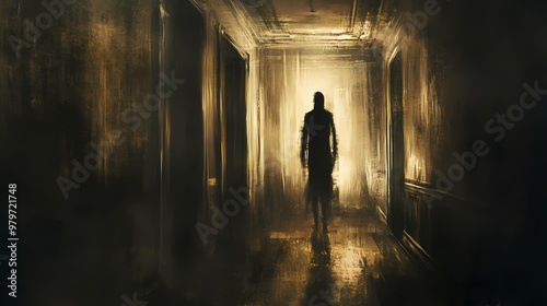 Haunting: the shadowy figure and flickering light - visualize a shadowy figure in a dimly lit room, illustrating the haunting presence of a ghost. Shadowy. Illustration