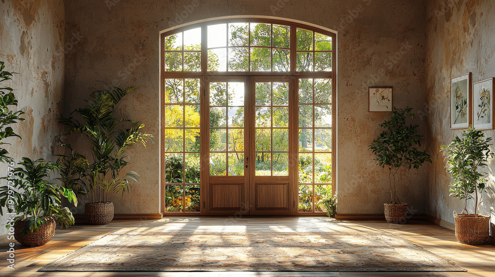 A large window in a rustic room with a view of a garden. A large window in a rustic room with a view of a garden.