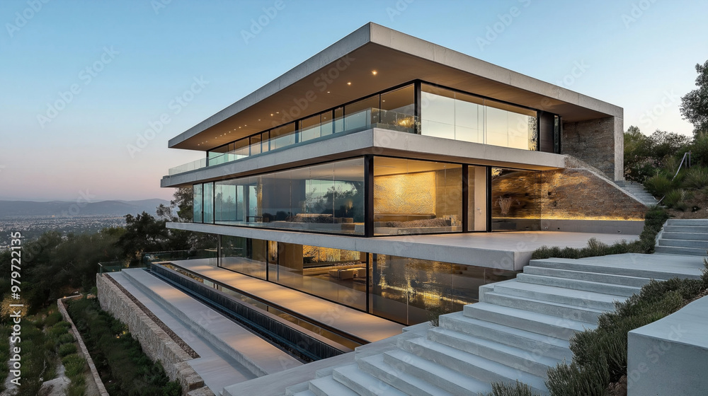 Modern, multi-story luxury house with extensive glass walls, located on a hillside with panoramic views of the surrounding landscape. The house features large terraces and a sleek, minimalist design. Modern, multi-story luxury house with extensive glass walls, located on a hillside with panoramic views of the surrounding landscape. The house features large terraces and a sleek, minimalist design.