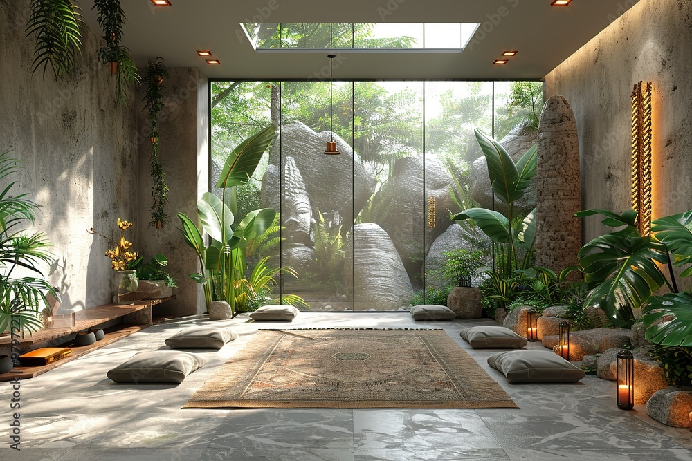 Fototapeta premium A room with a large window and a rock wall