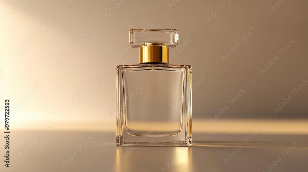 Front view of a sleek clear glass perfume bottle with gold cap, high-resolution, soft light, simple design Front view of a sleek clear glass perfume bottle with gold cap, high-resolution, soft light, simple design