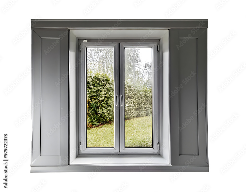 Window with grey frames and a view of the garden. Transparent background. Window with grey frames and a view of the garden. Transparent background.