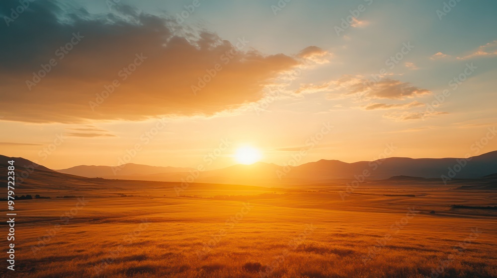 A large, empty field with a bright orange sun in the sky A large, empty field with a bright orange sun in the sky