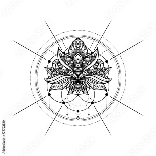 Lotus flower tattoo design over Seed of Life sacred geometry symbol. Ancient ...