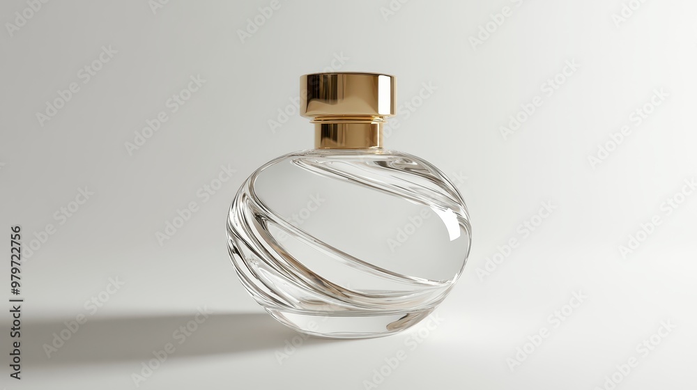 Front view of a sleek clear glass perfume bottle with gold cap, smooth design, white inner wall, clear texture Front view of a sleek clear glass perfume bottle with gold cap, smooth design, white inner wall, clear texture