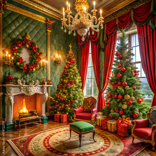 Wallpaper Mural a christmas tree is in a green red  room with a fireplace and a fireplace Torontodigital.ca
