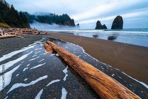 Olympic National Park's fog-covered Second Beach, with driftwood and sea stacks scattered along the shore photo