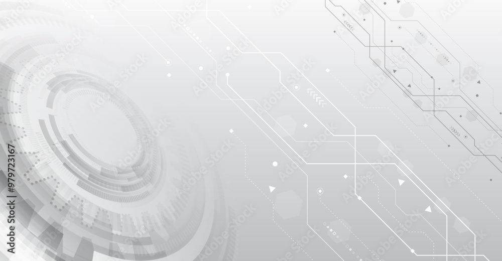 Obraz premium Gray and white futuristic background. Vector illustration template. Abstract innovation background from technological elements. Advanced communication technologies.