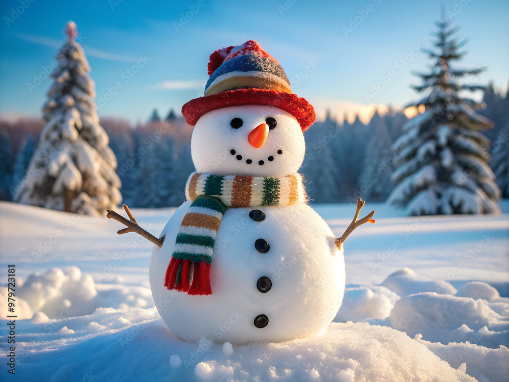 Obraz premium a snowman with a red hat and a scarf around its neck.
