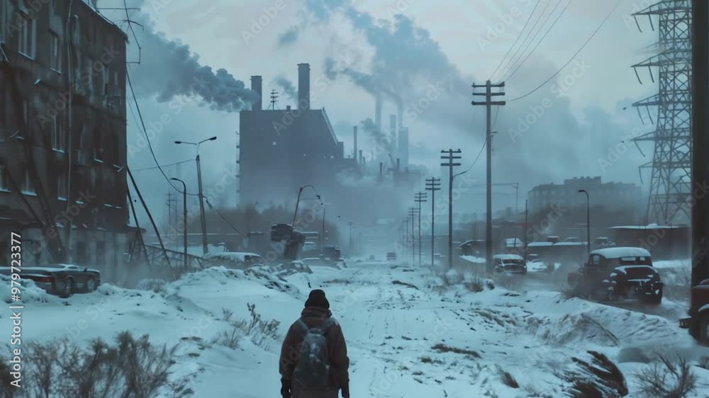 Lone figure traverses desolate, urban wasteland with snow. Abandoned ...