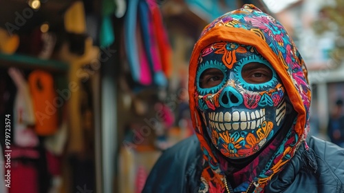 A person wearing a handmade Day of the Dead mask with vibrant patterns.