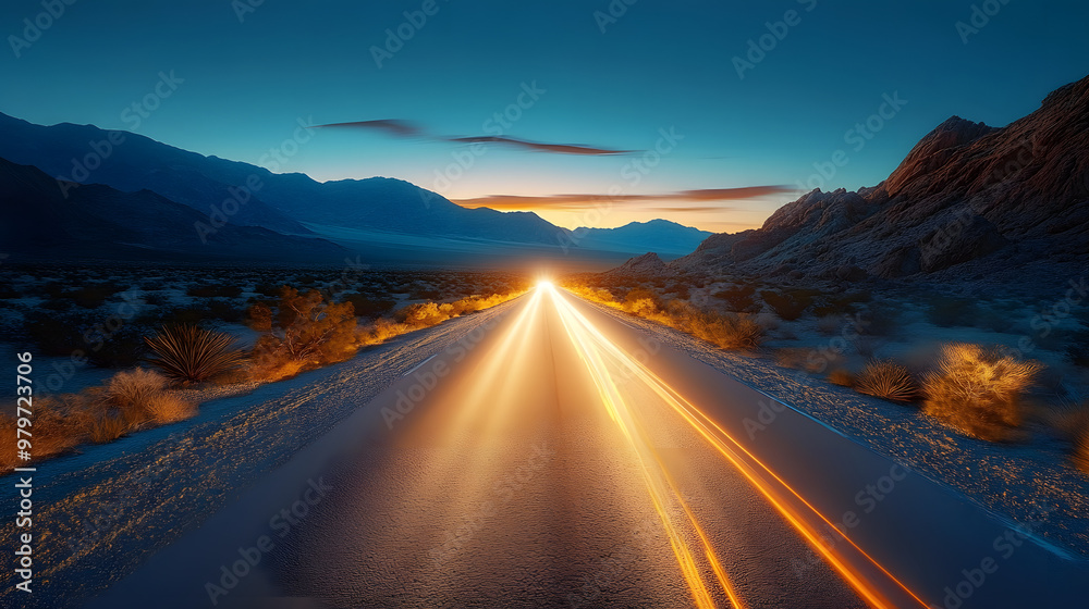 Fototapeta premium Long exposure of a deserted desert road at night with a car's headlights illuminating the path.