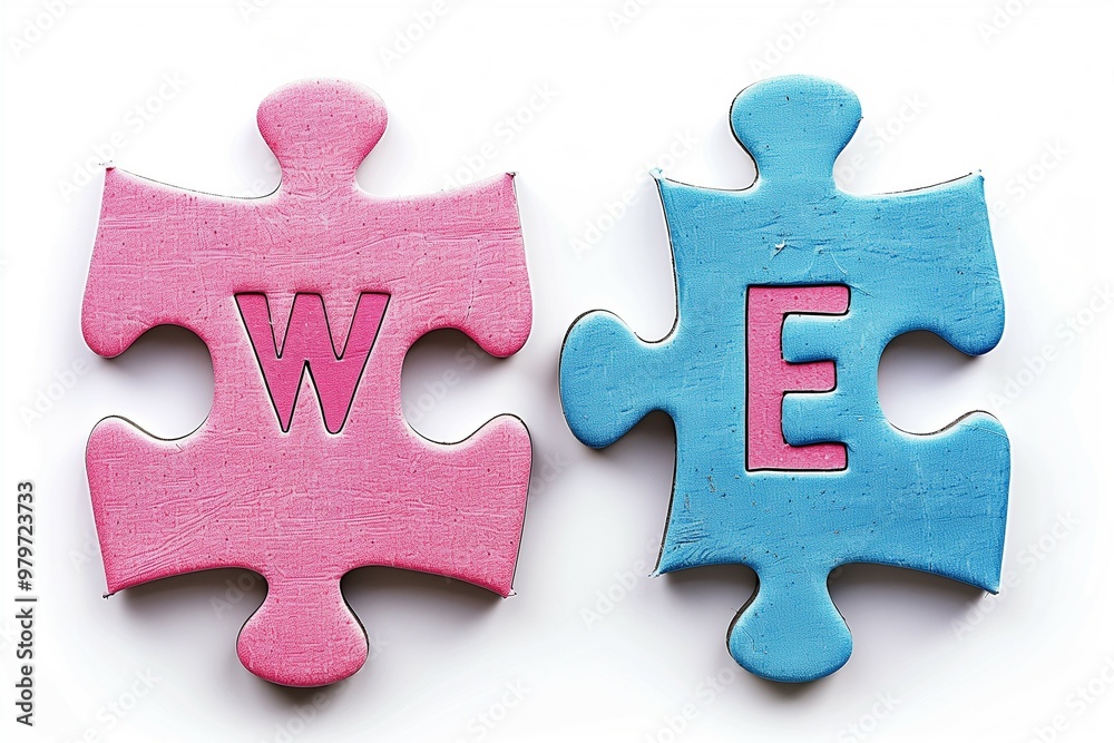 Obraz premium Two separated puzzles with the text “We”, pink and blue, on a white background symbolize teamwork. Top view.