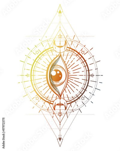 Sacred geometry symbol with all seeing eye over in acid colors. Mystic, alchemy, occult concept. Design for indie music cover, t-shirt print, psychedelic poster, flyer. Astrology, esoteric, religion.