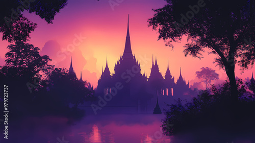 Fairytale illustrations of thai temples in anime style silhouetted against strobe lighting. Strobe Effect. Illustration