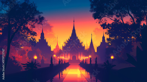 Fairytale illustrations of thai temples in anime style silhouetted against strobe lighting. Strobe Effect. Illustration