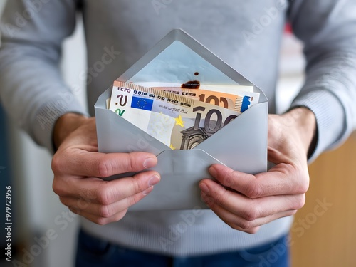 ia generated. A man looks at the money in bills inside an envelope that he has in his hands of fraudulent origin, black money or payments B. Point of view. euro currency notes. POV