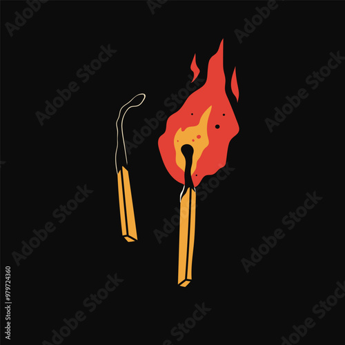 Burnout and burning matches. Hand drawn modern Vector illustration. Isolated design element. Icon, poster, print, design template. Smoking, stress, work burnout, career burn, exhaustion concept