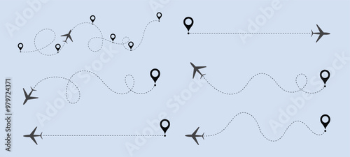 Airplane line path vector design, Air plane flight route with line trace vector illustration. Dashed route travel concept, Airplane line path vector