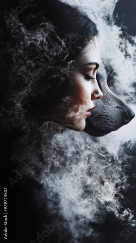 A woman's face is shown with a wolf's head behind her