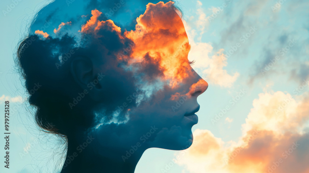 A woman's face is shown in a painting of clouds A woman's face is shown in a painting of clouds