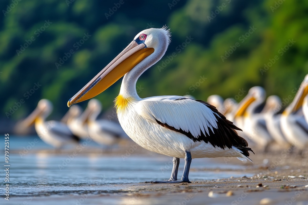 Pelican flock gathered on a quiet beach, their feathers ruffled by a gentle sea breeze Pelican flock gathered on a quiet beach, their feathers ruffled by a gentle sea breeze