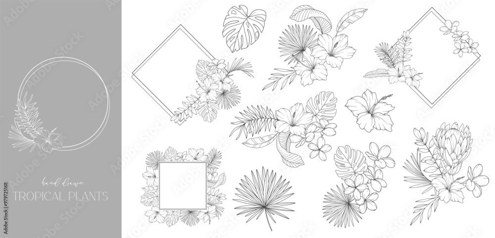 Fototapeta premium Floral Frame. Line Art Tropical Plants. Floral Line Art. Flower Coloring Page. Fine Line Tropical Greenery illustration. Hand Drawn flowers. Tropical Wedding invitation flowers