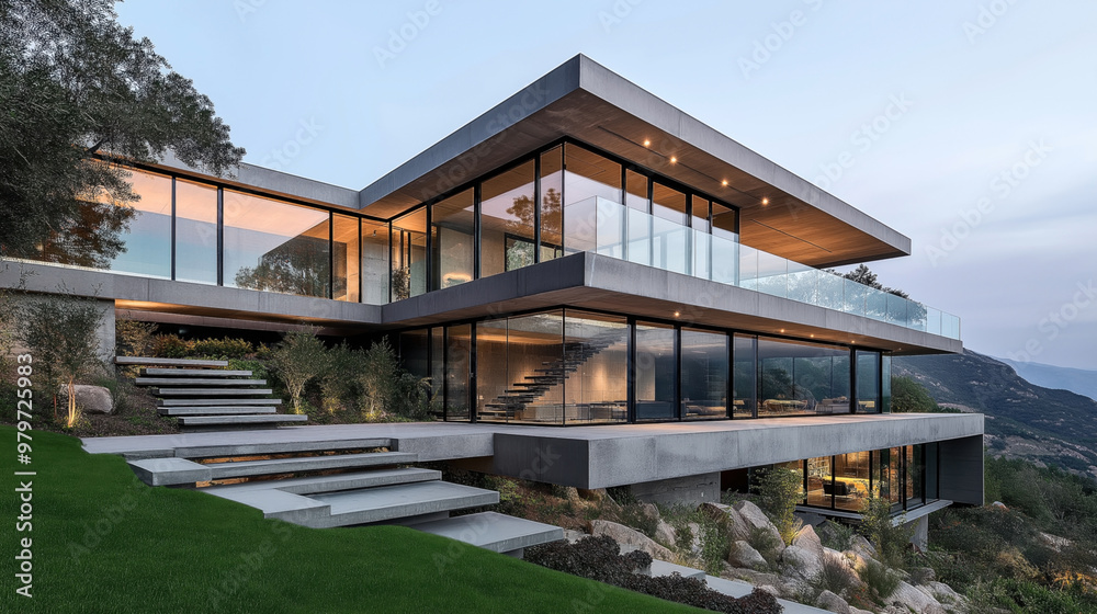 Modern luxury home with large glass walls and minimalist design, set in a hillside location with surrounding greenery and an expansive view. Multi-level structure with outdoor lighting and staircases. Modern luxury home with large glass walls and minimalist design, set in a hillside location with surrounding greenery and an expansive view. Multi-level structure with outdoor lighting and staircases.