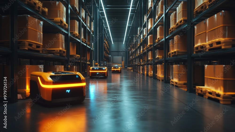 Futuristic Warehouse Automation, a high-tech facility featuring advanced robots efficiently managing and optimizing inventory flow in a sleek, modern environment. Futuristic Warehouse Automation, a high-tech facility featuring advanced robots efficiently managing and optimizing inventory flow in a sleek, modern environment.