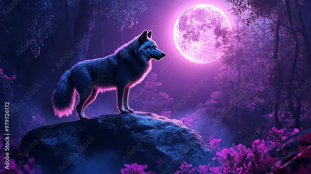A majestic wolf stands on a rock under a glowing purple moon in an enchanted forest at night A majestic wolf stands on a rock under a glowing purple moon in an enchanted forest at night