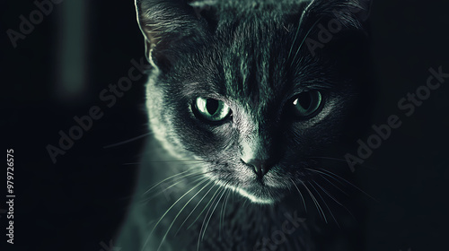 Grey cat with tearful eyes, sitting alone, looking at the camera, in a dimly lit room. Dimly Lit. Illustration