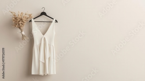 Satin slip dress on a hanger, neatly hung on a neutral-toned wall, minimalist fashion concept