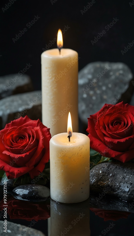 Glowing candles with red and white roses on polished black stones for relaxation. Glowing candles with red and white roses on polished black stones for relaxation.