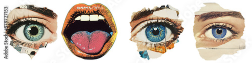 A set of blue eyes and mouth with tongue, retro style, paper cut elements. Grunge stickers, png, transparent background.