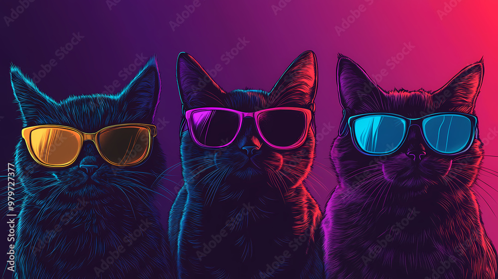 Group of cats in sunglasses on colorful neon background. Cool Colors. Illustration Group of cats in sunglasses on colorful neon background. Cool Colors. Illustration