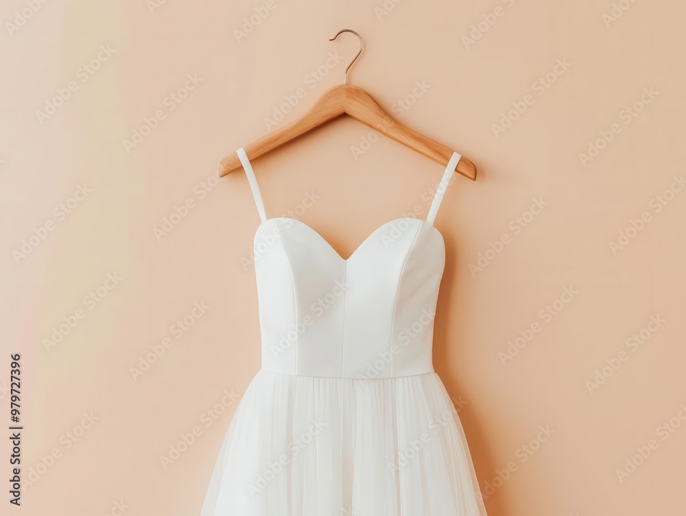 Neatly arranged strapless dress on a hanger, displayed against a soft beige wall Neatly arranged strapless dress on a hanger, displayed against a soft beige wall