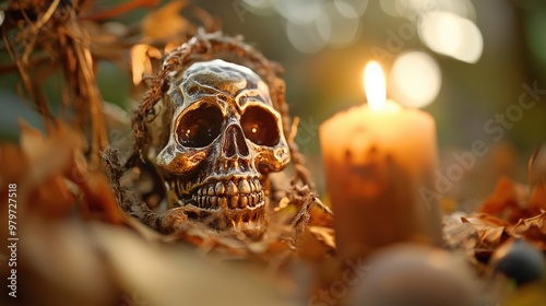 A skull is sitting on a pile of leaves next to a candle