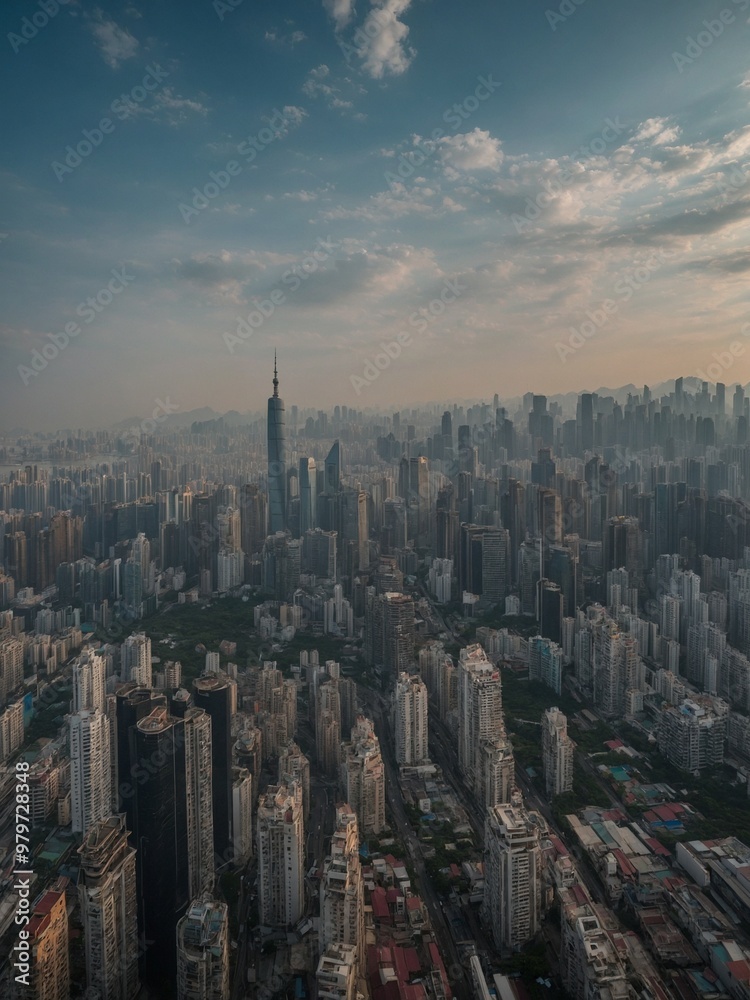 Obraz premium Panoramic view of crowded skyline of major metropolitan city, likely Hong Kong or Shanghai, with numerous high-rise buildings and skyscrapers stretching out as far as eye can see under cloudy, hazy