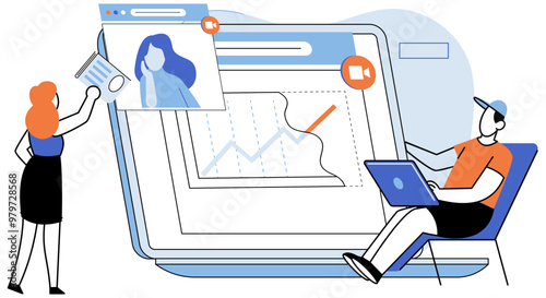 Online video meeting. Vector illustration. The metaphor online video meetings represents digital workspace for remote teams The web acts as gateway to online video meetings and digital interactions
