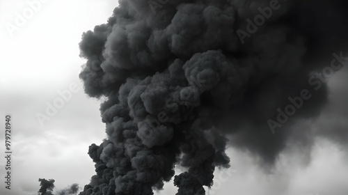 A Dense, Black Smoke Plume Rises Against a Cloudy Sky, Creating a Dramatic and Ominous Atmosphere