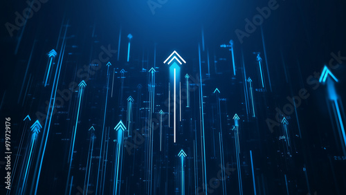 Set of bright blue arrows pointing upward on a dark blue background. For progress, achievement, increase, upward, and business growth concepts.