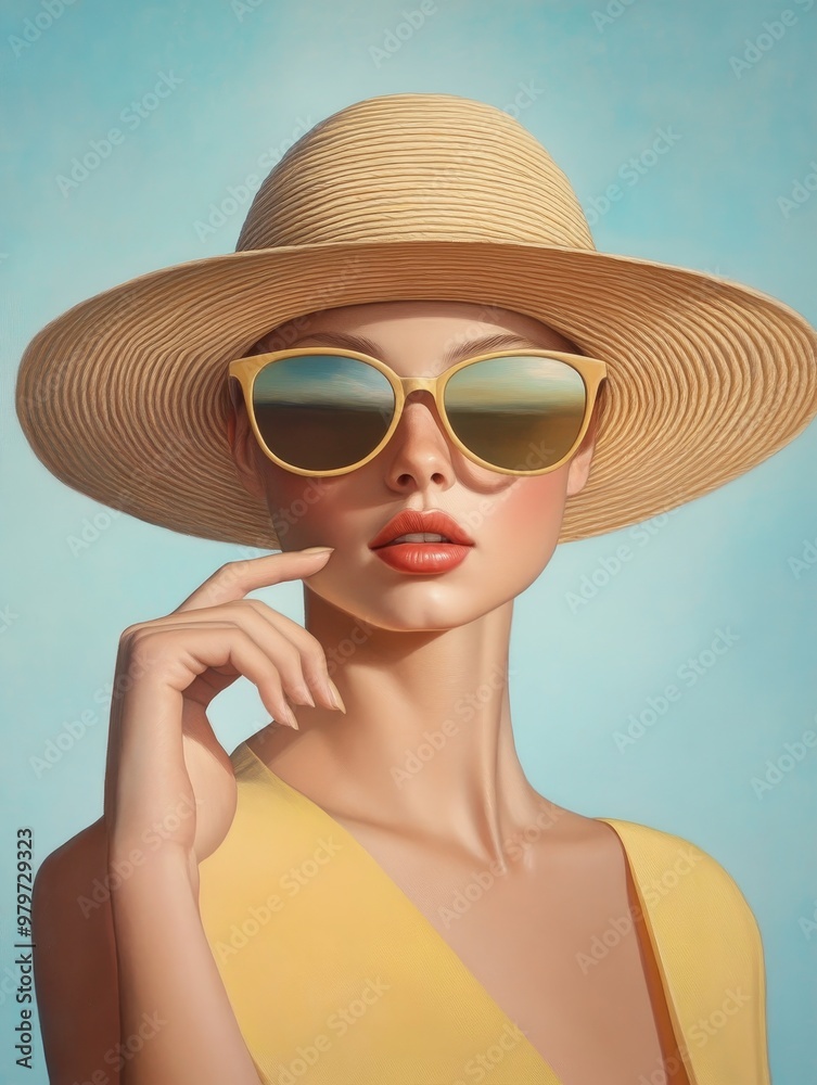 Fototapeta premium A beautiful woman in sunglasses and a straw hat, exuding summer style, relaxation, and confidence. The image represents carefree living, beach vacations, and sun-kissed days.