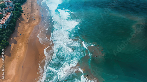 Aerial top view of the turquoise sea waves on the sand of wild beach. Green palm trees heads in grove with no people. Beautiful nature of the tropical island photo