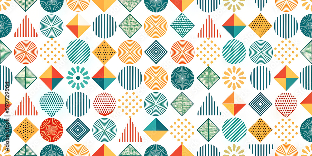 Bright geometric pattern with triangles, circles and lines in a variety of designs and colors. Bright geometric pattern with triangles, circles and lines in a variety of designs and colors.