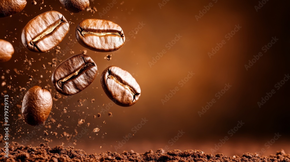A captivating close-up shot of freshly roasted coffee beans suspended in mid-air against a rich brown background. The beans create a sense of movement and energy, symbolizing the journey from bean to A captivating close-up shot of freshly roasted coffee beans suspended in mid-air against a rich brown background. The beans create a sense of movement and energy, symbolizing the journey from bean to