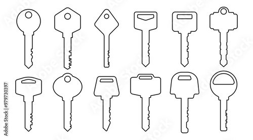 Isolate Black Outline Key vector Icon set, Private and Safety key graphic elements, Silhouette key symbol, Lock, Keyword in Modern style, Retro, illustration for business use, vector stock (Editable)