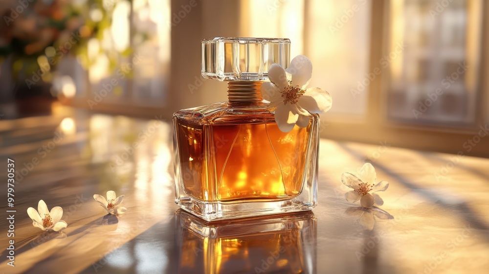 High-end perfume bottle with a delicate floral cap on a glossy surface with warm tones High-end perfume bottle with a delicate floral cap on a glossy surface with warm tones