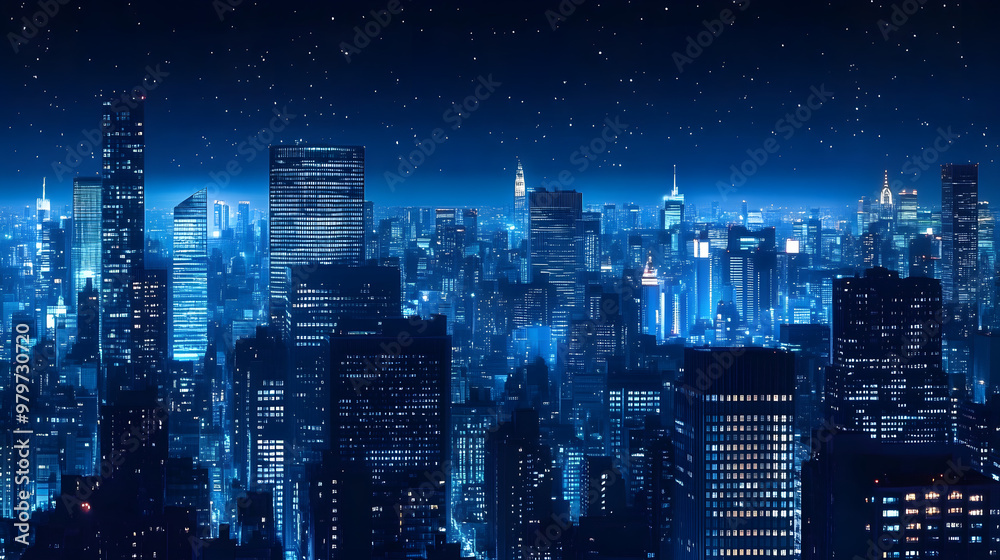 Obraz premium A dark blue cityscape at night, with skyscrapers lit up against the sky